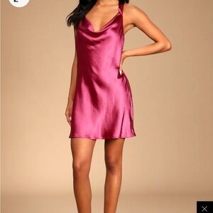 LULUS After Party Affair Magenta Satin Halter Mini Slip Dress Size L